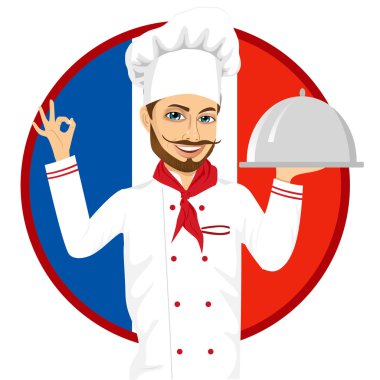 French cuisine chef with funny big mustache holding a silver tray vector