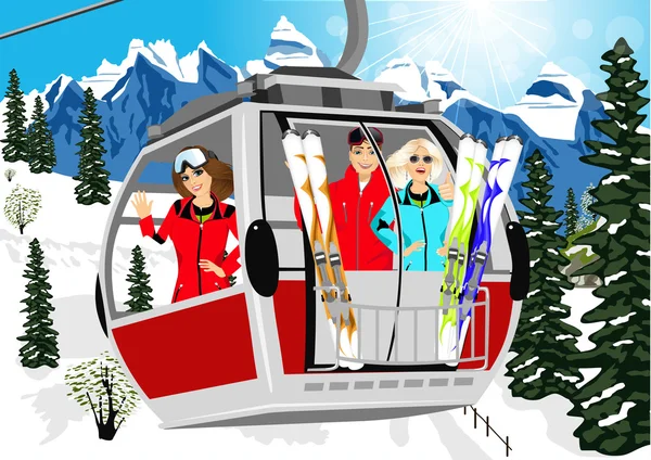 Lanová dráha nebo stánku přepravující lyžaře v horách — Stockový vektor