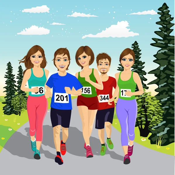 Young runners running a marathon competition — Stock Vector