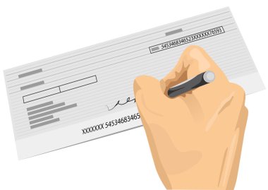 hand holding a pen signing a blank check clipart