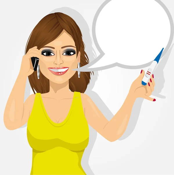 Mujer feliz con prueba de embarazo positiva hablando en el teléfono inteligente — Vector de stock