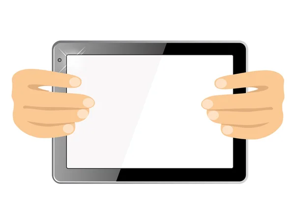 Manos que muestran un dispositivo de computadora táctil tableta con pantalla aislada — Vector de stock