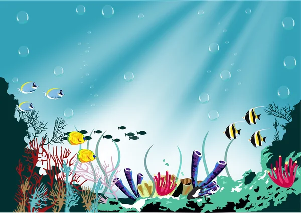 サンゴ礁と日光の熱帯魚 — ストックベクタ