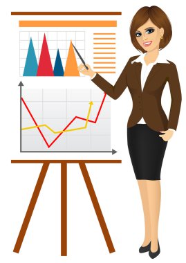 business woman making a presentation against graphics on flip chart