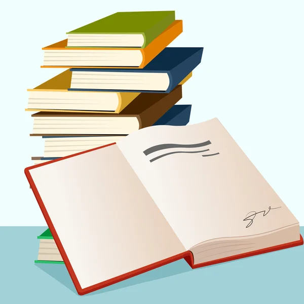 Opened book lying near stack of books — Stockvector