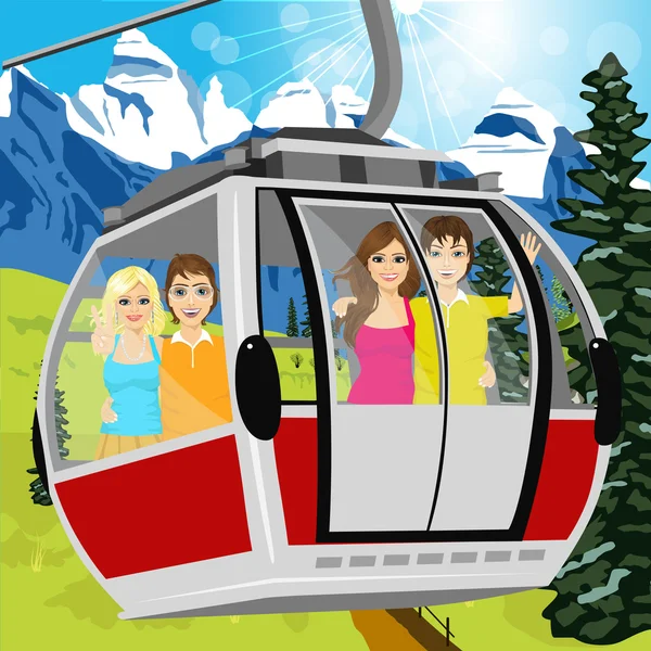Teleférico ou cabine transportando passageiros nas montanhas no verão — Vetor de Stock
