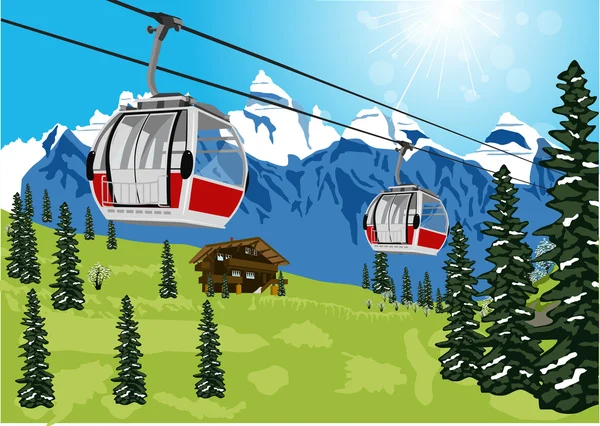 Cenário de verão maravilhoso com cabine de teleférico de teleférico de esqui ou carro — Vetor de Stock