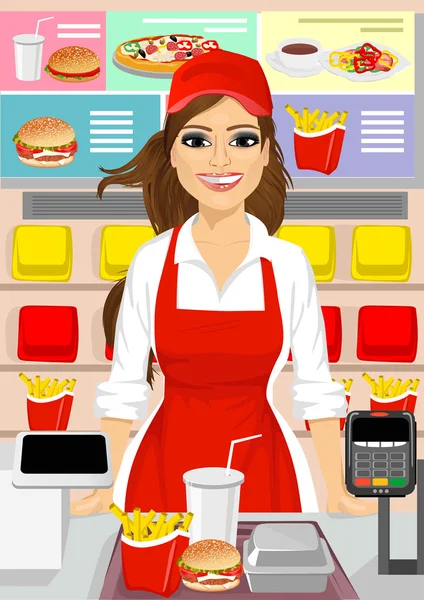 Female cashier at fast food restaurant — Stock Vector