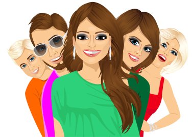 Group of happy young people in colorful t-shirts standing behind each other
