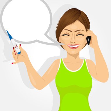happy caucasian woman with positive pregnancy test talking on the smartphone