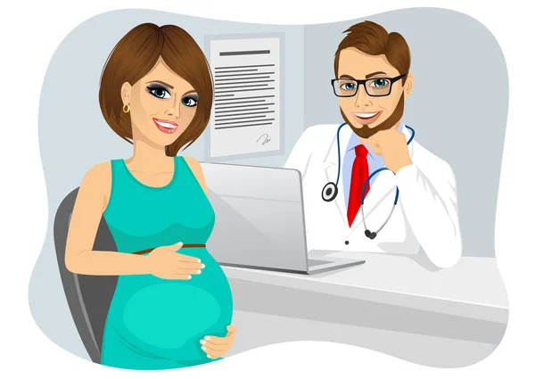 Pregnant woman visiting male doctor in clinic — Stock vektor