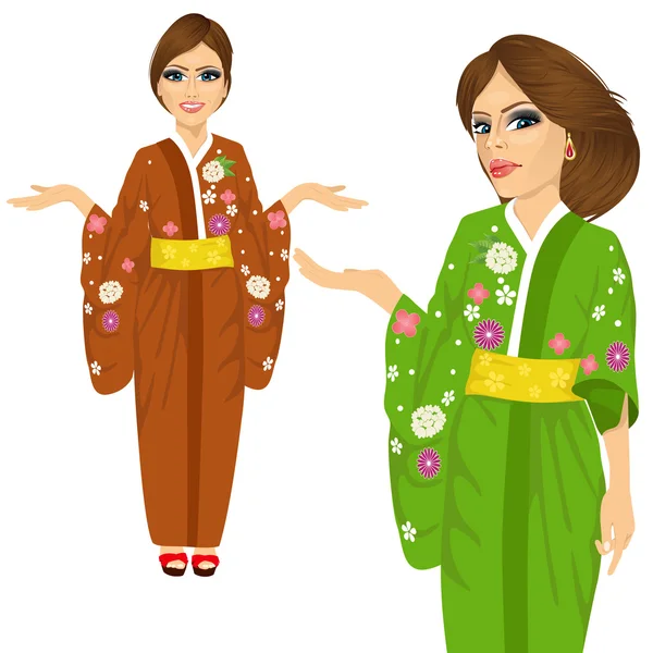 Přitažlivá Japonka nosí kimono s květy, polohovací a ruční granát — Stockový vektor
