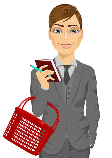 Business man holding an empty shopping basket — Stockvector