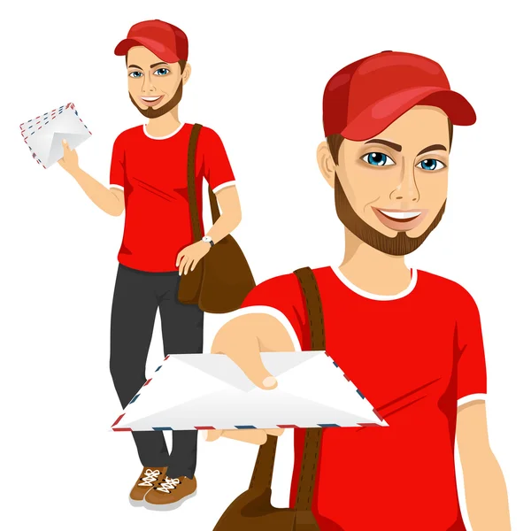 Handsome young hipster post man in red uniform delivering mail with brown leather bag — Wektor stockowy