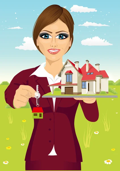 Agente de bienes raíces mujer sosteniendo la llave de una nueva casa — Vector de stock