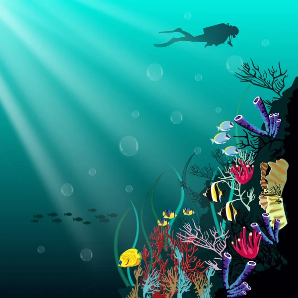 Korallenriff mit verschiedenen Fischarten und Tauchersilhouette über blauem Meeresgrund — Stockvektor