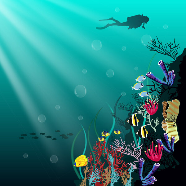 Coral reef with various species of fish and silhouette of diver over blue sea background