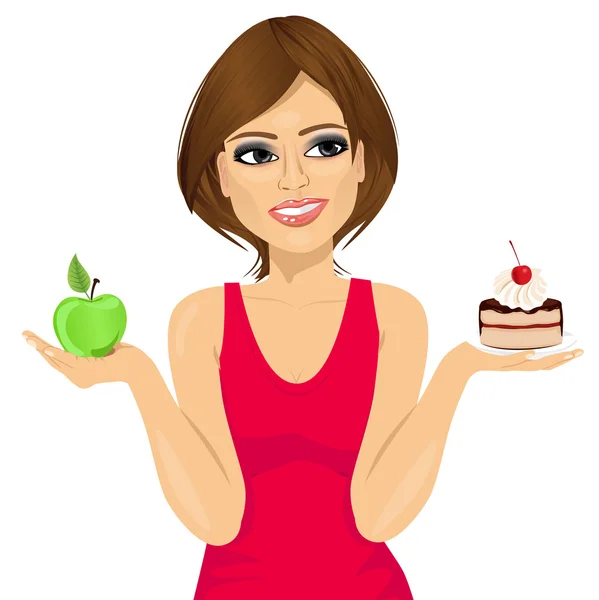 Attractive woman choosing between green apple or sweet piece of cake — Stockvector