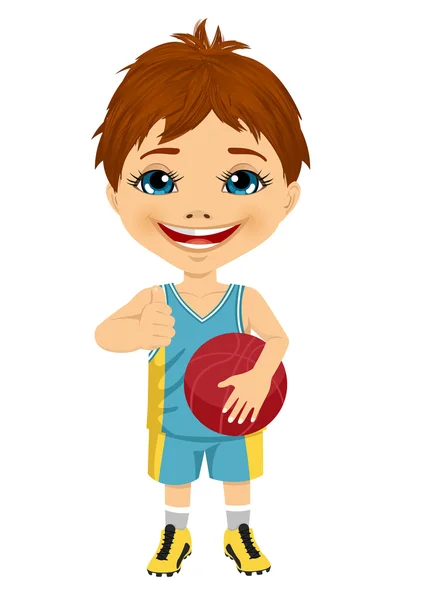 Kleiner Junge in Basketballkleidung hält Basketball und zeigt Daumen hoch — Stockvektor