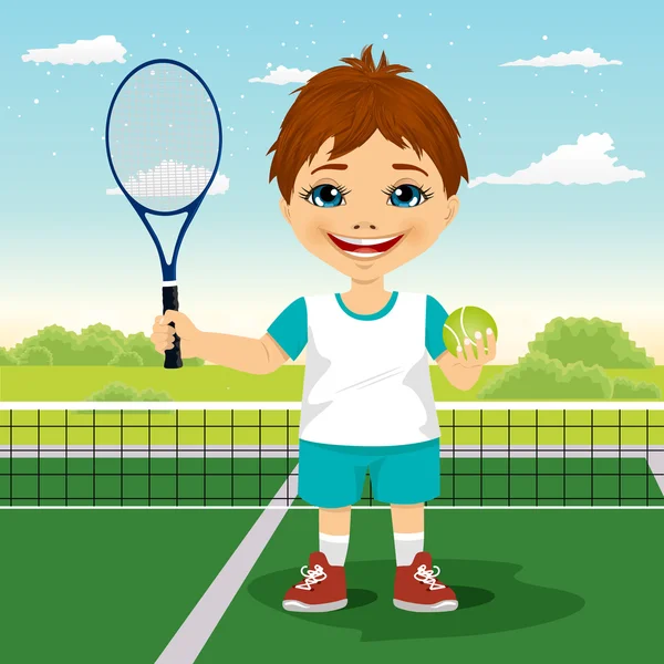 Young boy with racket and ball on tennis court smiling — Stockvector