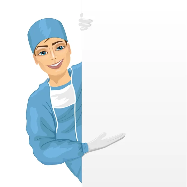 Joven cirujano en traje de raspón azul presentando banner de presentación vacío — Archivo Imágenes Vectoriales