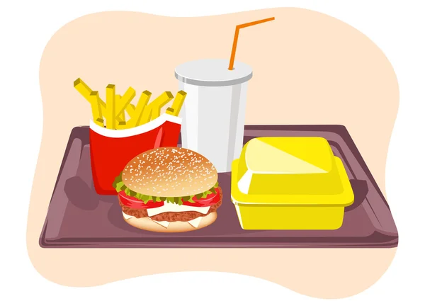 Common fast food snacks on tray — Stockvector