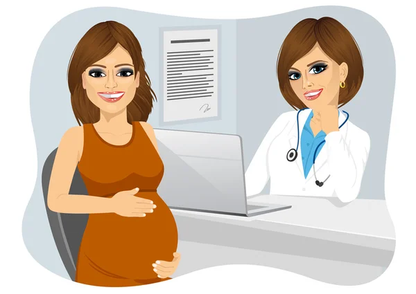 Pregnant woman visiting female doctor in clinic — Stock vektor