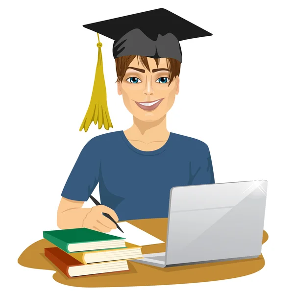 Handsome smiling male student using online education service — Stock Vector