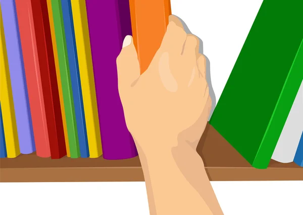 Mano sacando un libro de la estantería — Vector de stock