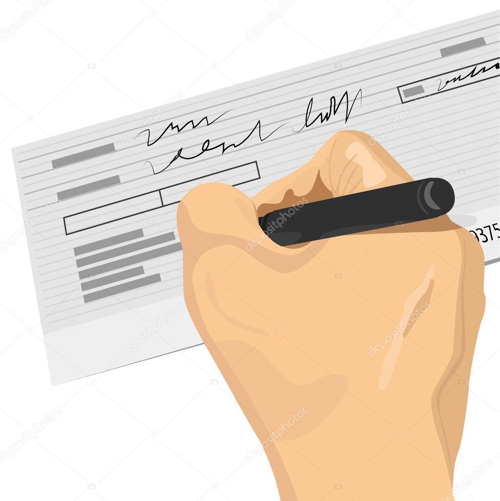 hand holding a pen signing a blank check