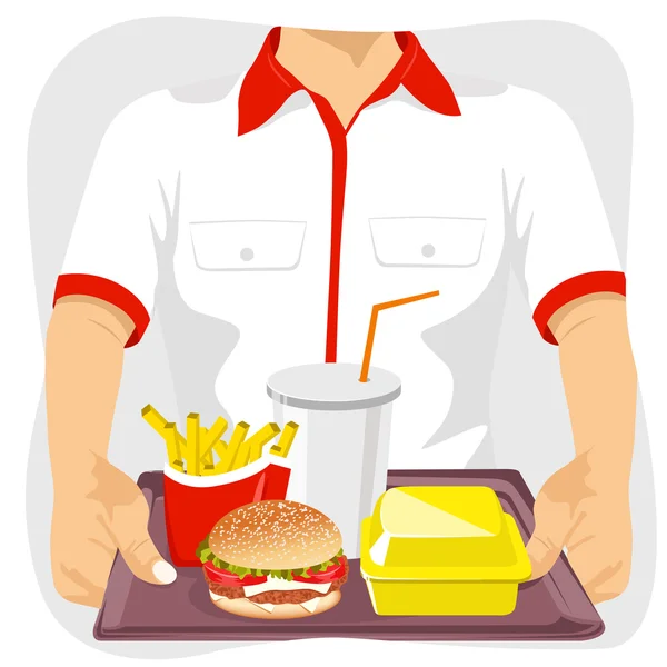 Männlicher Mitarbeiter eines Schnellrestaurants hält Tablett mit gängigen Fast-Food-Snacks in der Hand — Stockvektor