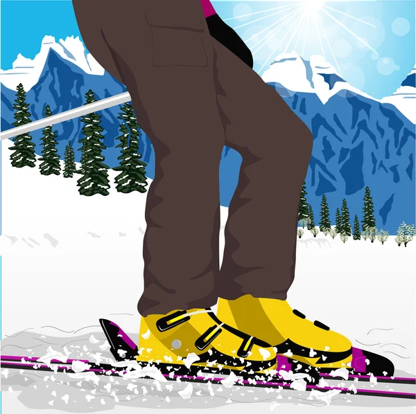 Γυναικεία πόδια σε μπότες του σκι με ψεκασμό του χιονιού — Διανυσματικό Αρχείο