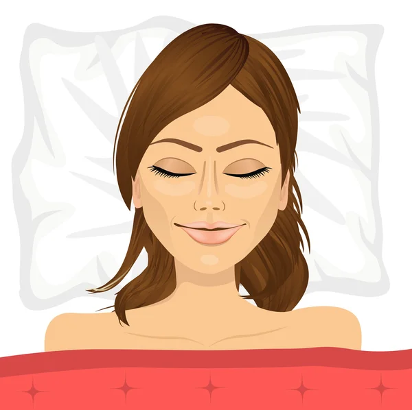 Młoda brunetka kobieta spanie w łóżku w domu — Wektor stockowy