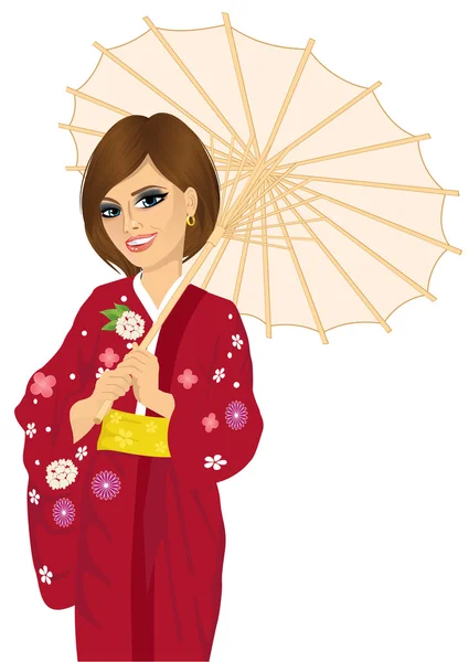 Mulher vestindo kimono vermelho e segurando um guarda-sol japonês — Vetor de Stock
