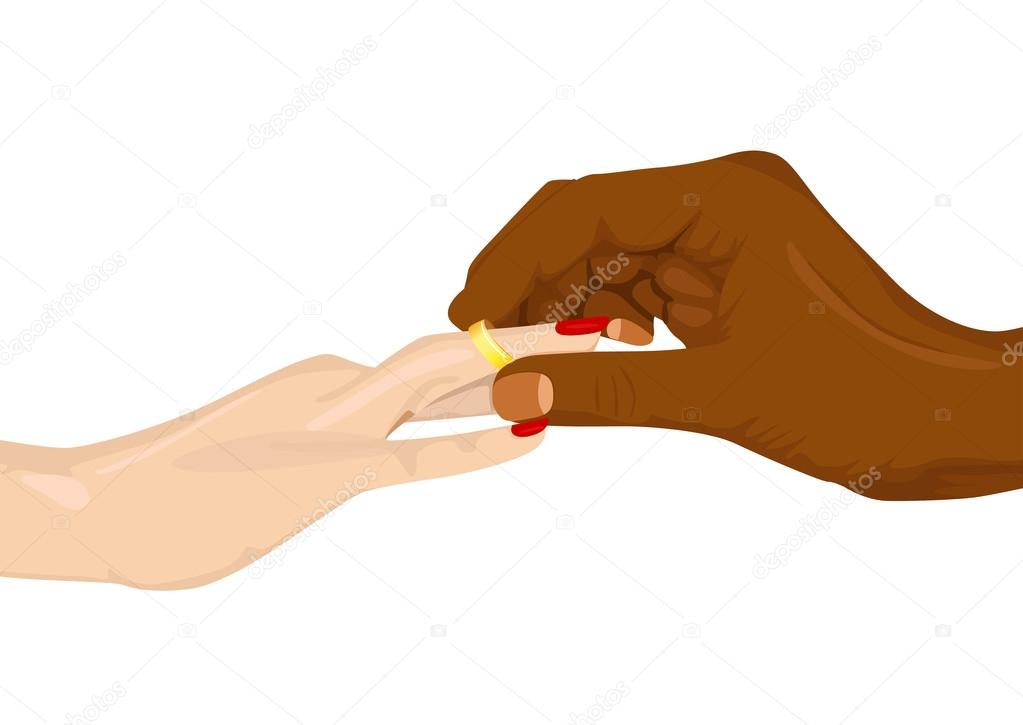african american inserting an engagement ring into female finger