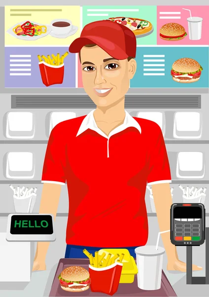 Male cashier at fast food restaurant — Stock Vector