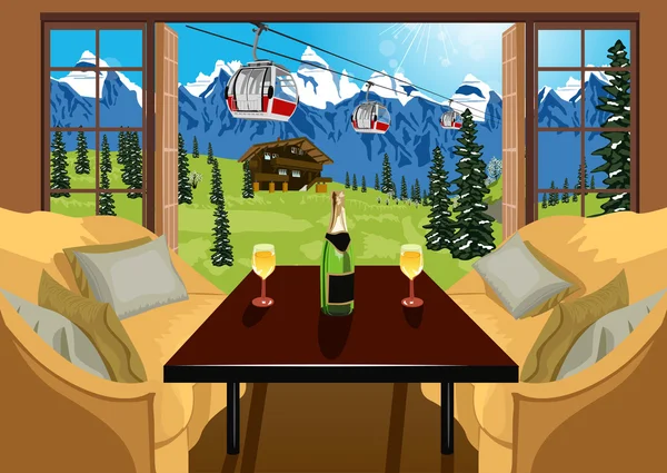 Interior of a hotel room in ski resort in summer — Stock Illustration Interior of a hotel room in ski resort in summer Vector Graphics