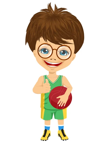 Kleiner Junge mit Brille hält Basketball und zeigt Daumen hoch — Stockvektor