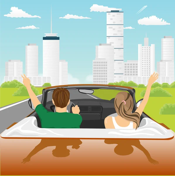 Feliz pareja libre conduciendo en coche cabriolet animando alegre con los brazos levantados — Vector de stock