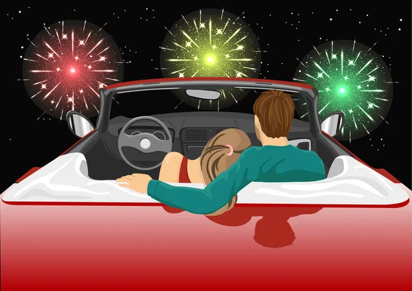 Ζευγάρι που κάθεται σε κόκκινο μετατρέψιμο αυτοκίνητο απολαμβάνοντας μια επίδειξη πυροτεχνημάτων — Διανυσματικό Αρχείο