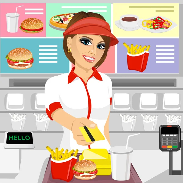 Mitarbeiterin eines Fast-Food-Restaurants gibt Kreditkarte zurück — Stockvektor