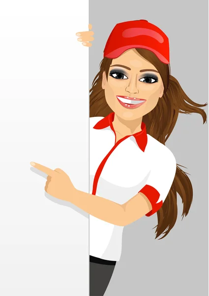 Female fast food restaurant employee with an empty banner — Stock Vector