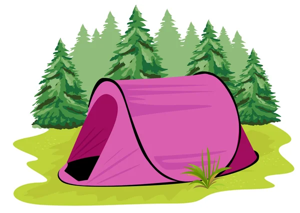 Розовая палатка кемпинга, стоящая на поляне на фоне хвойного леса — стоковый вектор