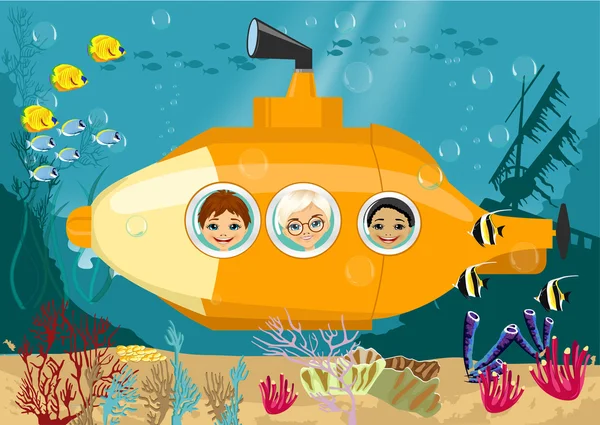 Happy kids in submarine underwater — Stock Vector