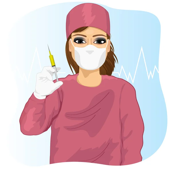 Médica feminina com máscara facial segurando uma seringa — Vetor de Stock