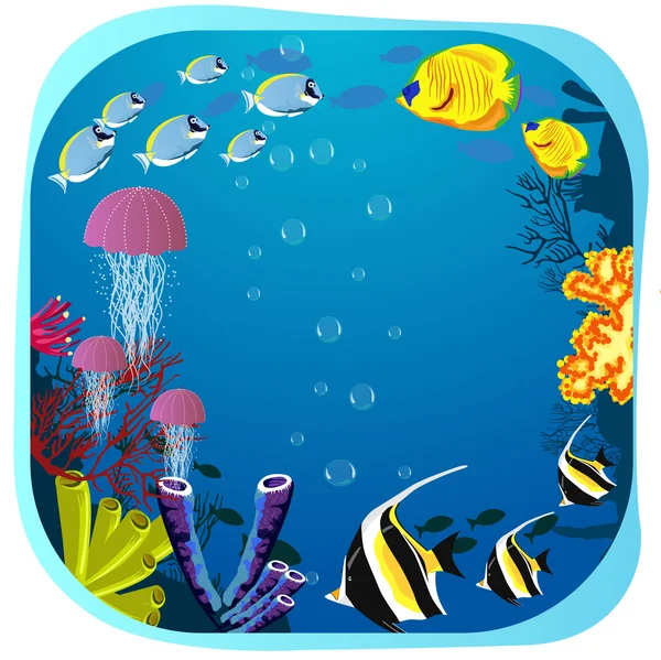 Cadre rond vie marine avec poissons, méduses et corail — Image vectorielle