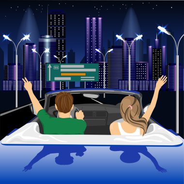 gece şehir tezahürat içinde cabriolet otomobil kaldırdı Kollarını açarak neşeli sürüş mutlu ücretsiz couple