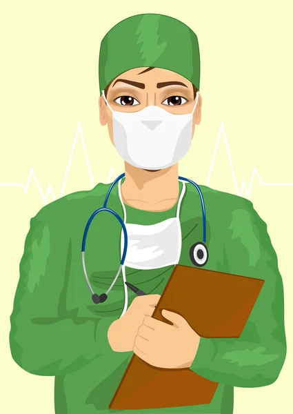 Handsome male doctor or nurse in face mask taking notes — Stock Vector