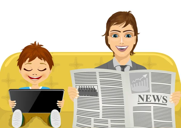 Pai lendo as últimas notícias e seu filho jogando jogos no tablet —  Vetores de Stock