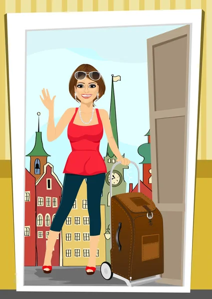 Mujer positiva vuelve a casa de vacaciones — Vector de stock